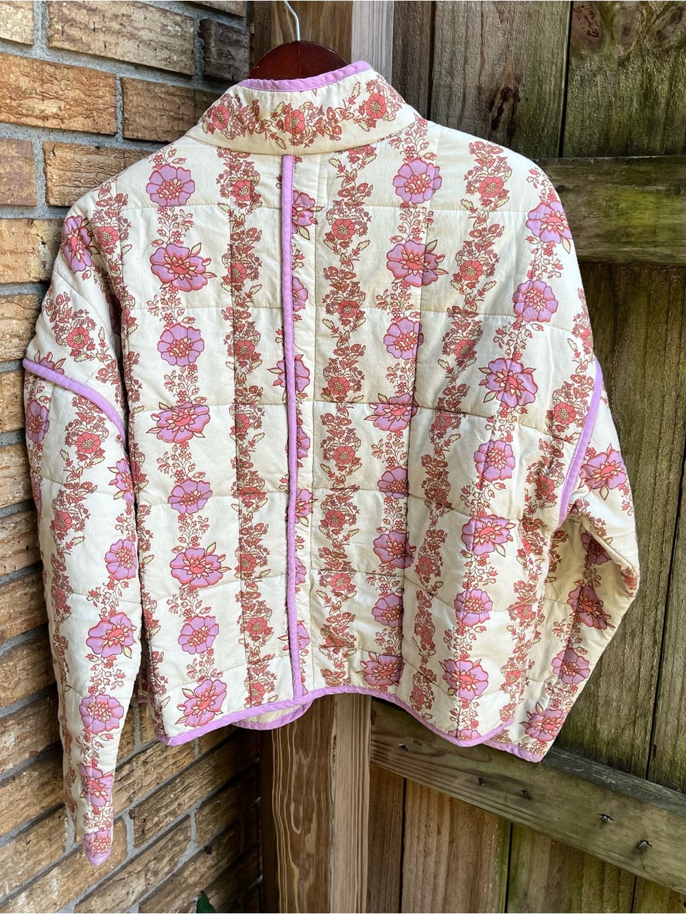 Free People Chloe Quilted Floral Jacket in Cream and Pink Trim - Picture 3 of 5